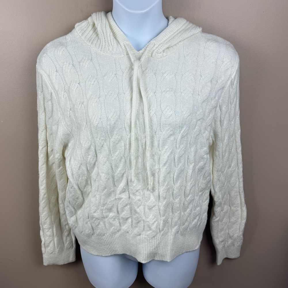 EVERY Ivory Cable Knit Hooded Tie Neck Pullover Women’s Large Wool Sweater NWT
